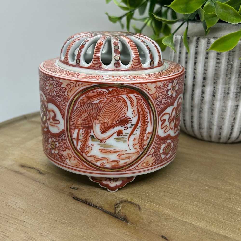Artisan Red and White Kutani Ware Ceramic Incense Burner